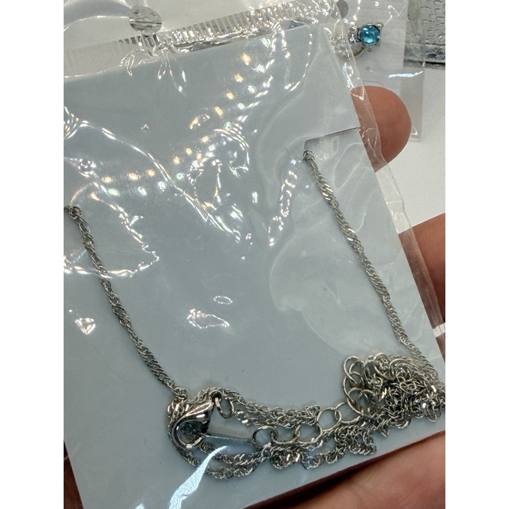 Set Silver Tone Necklace & Earrings w/Blue Crystal on Cats 16" w/2" ext NEW - Picture 3 of 4